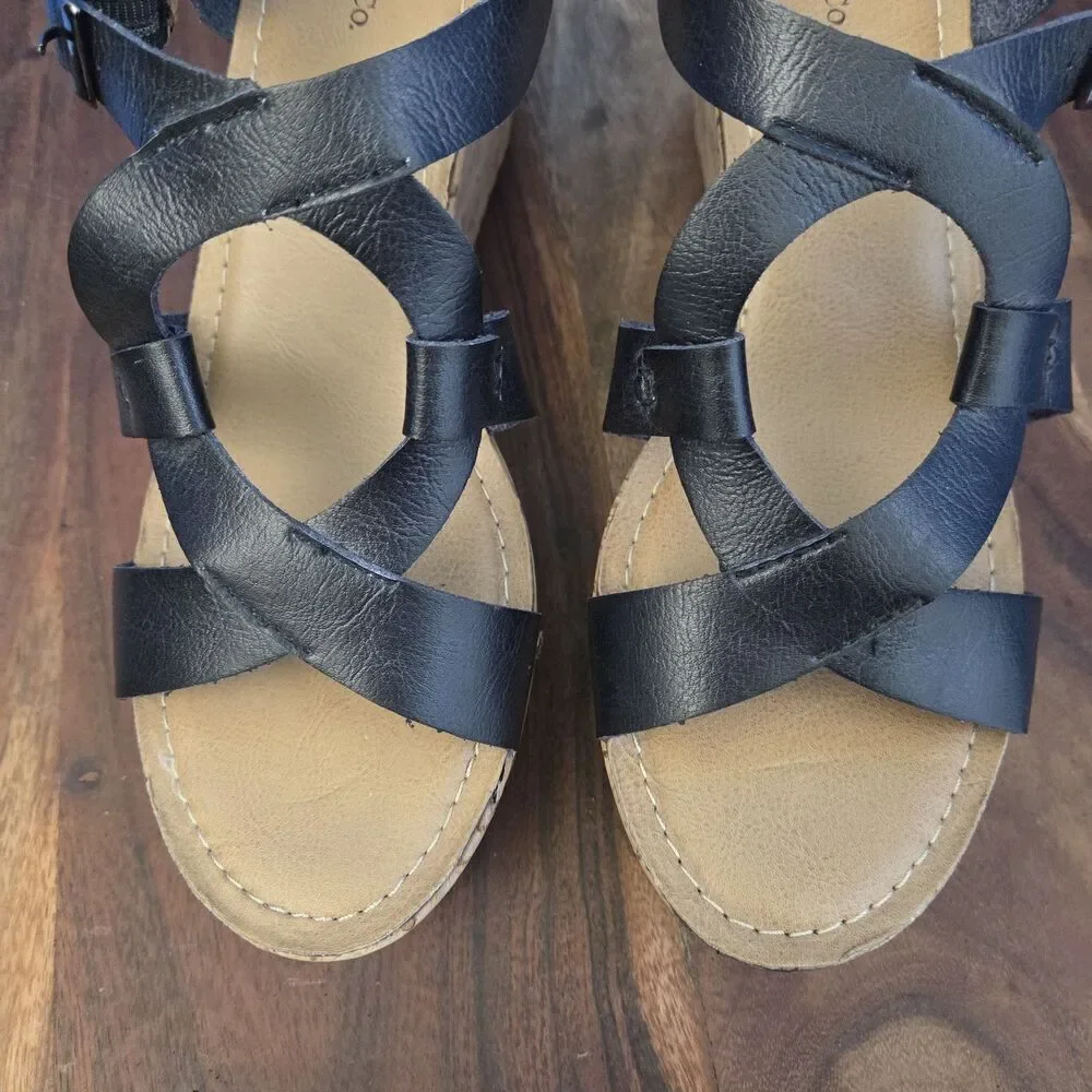 G.H. Bass & Co Garland Black Leather Wedge Cork Heel Sandals Womens 8M